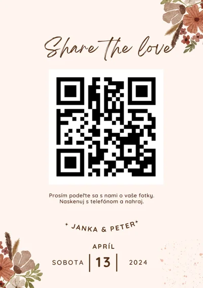 Svatební kartička s QR kódem – návrh 1, sušené květiny v pastelových tónech